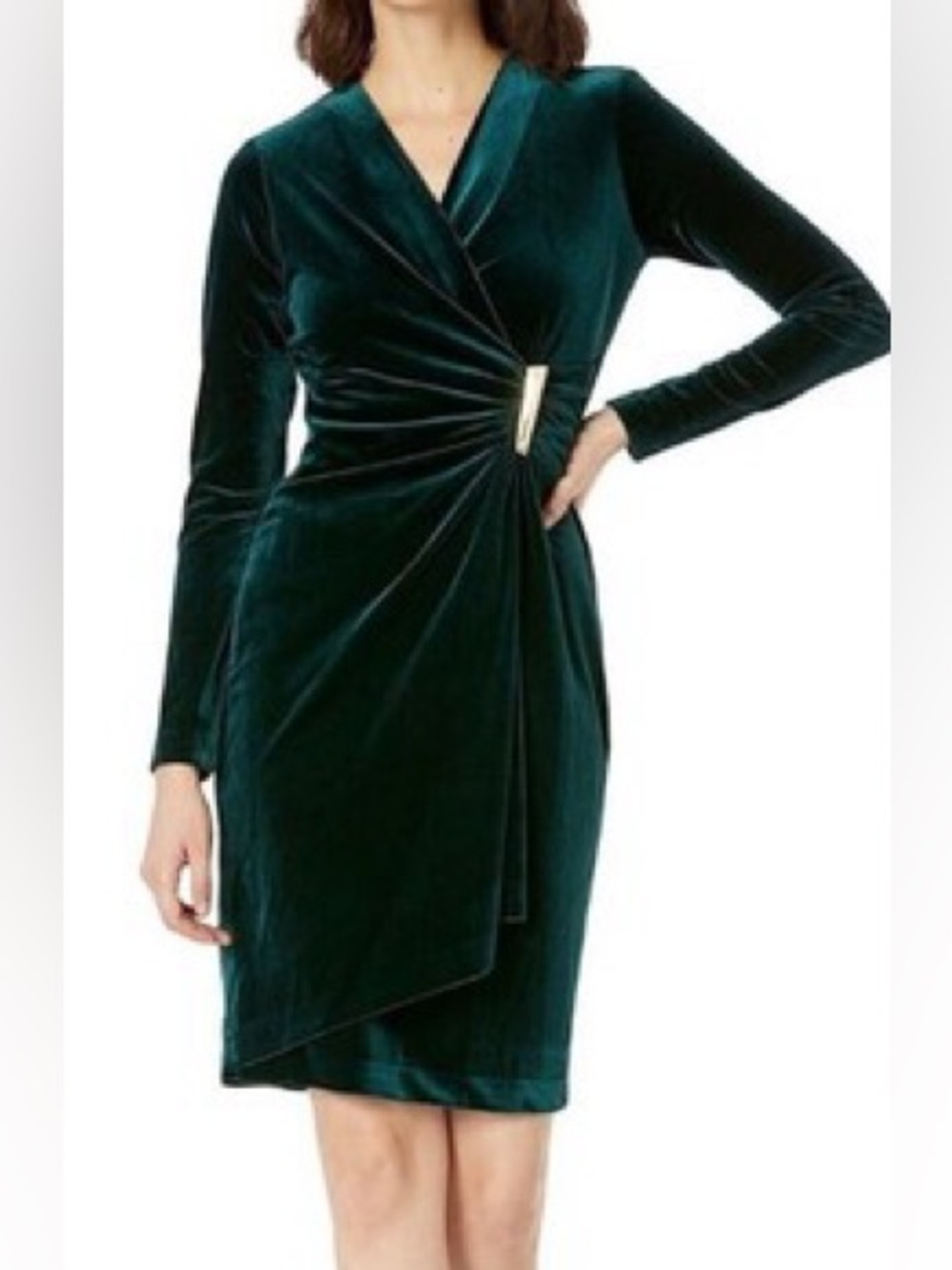 Calvin Klein Velvet Faux-Wrap Long-Sleeve Sheath Dress Green Size 6